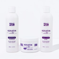 KERATIN SILK set cu efect intens reparator pentru structura părului deteriorat: șampon, balsam și mască