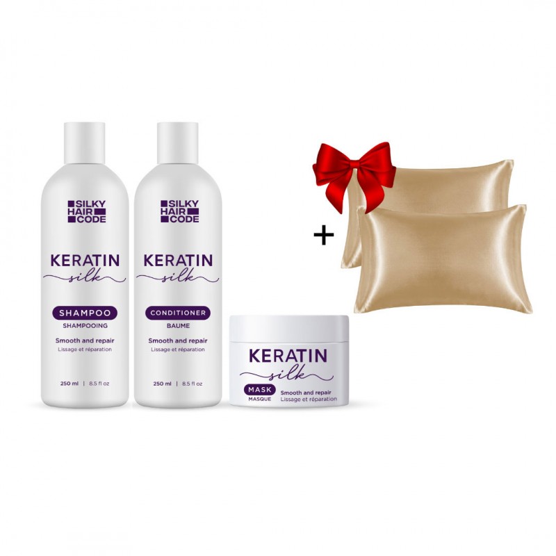 KERATIN SILK set cu efect intens reparator pentru structura părului deteriorat + 2 fețele de pernă din satin 50x70cm