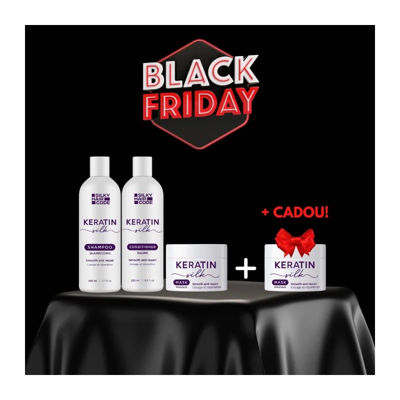 BLACK FRIDAY! KERATIN SILK set cu efect intens reparator: șampon, balsam și mască + CADOU!