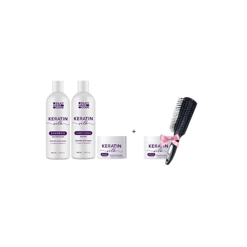 KERATIN SILK set cu efect intens reparator: șampon, balsam și mască + cadou o mască și o perie!
