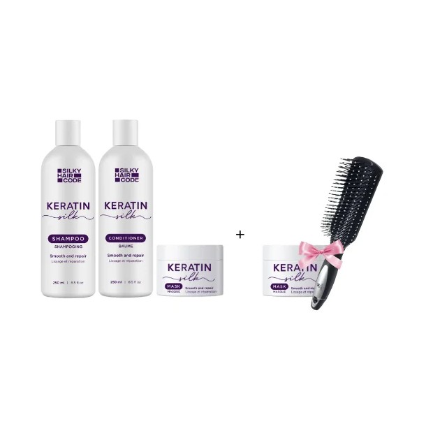 KERATIN SILK set cu efect intens reparator: șampon, balsam și mască + cadou o mască și o perie!