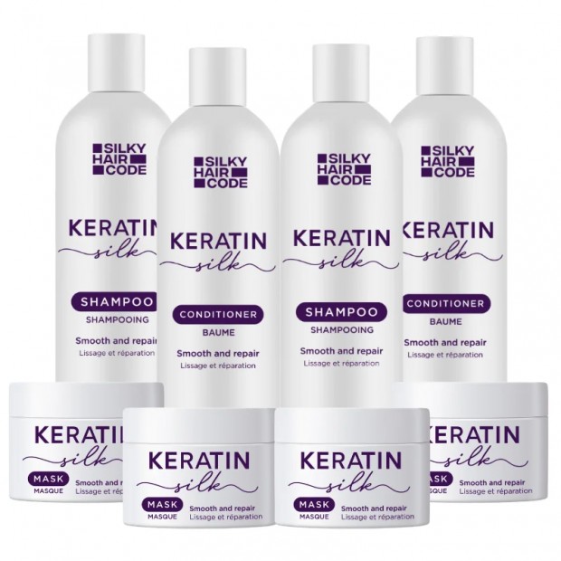 KERATIN SILK set cu efect intens reparator pentru structura părului deteriorat - 2xșampon, 2xbalsam, 4xmască